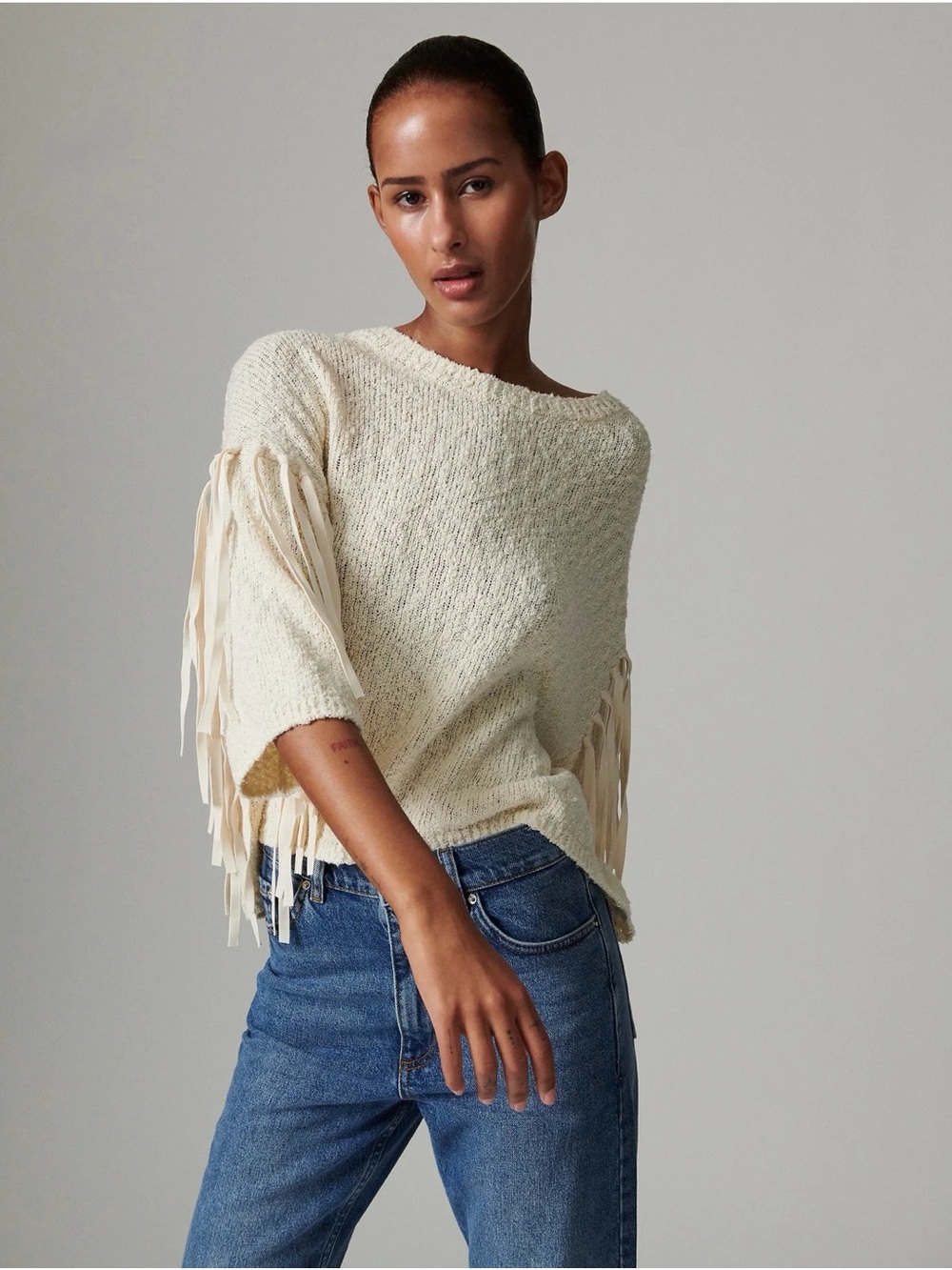 Day Birger Cream cotton blend Fringe Knit Sweater Women's Relaxed Pullover S - Picture 3 of 6